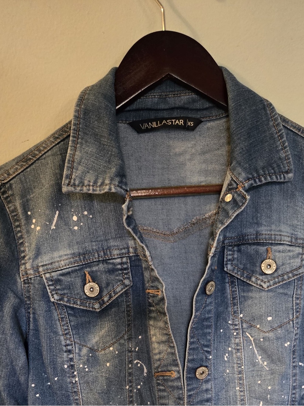 Vanilla Star Blue Denim Jacket with White Paint Splatter